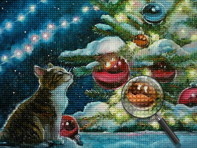 Petit Chat et le Sapin de Noël dans la Neige Broderie Diamant