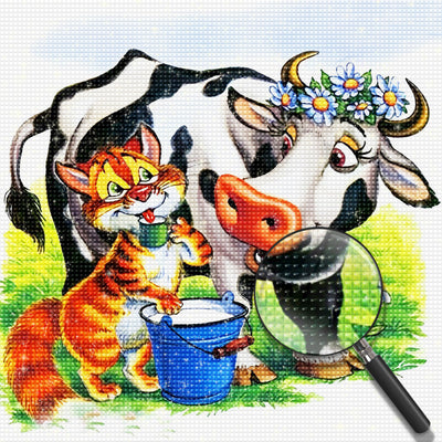 Vache avec un Couronne et Chat Tigré Broderie Diamant