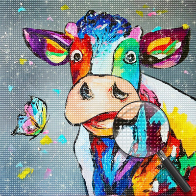 Vache Etonnée et Papillon Colorés Broderie Diamant