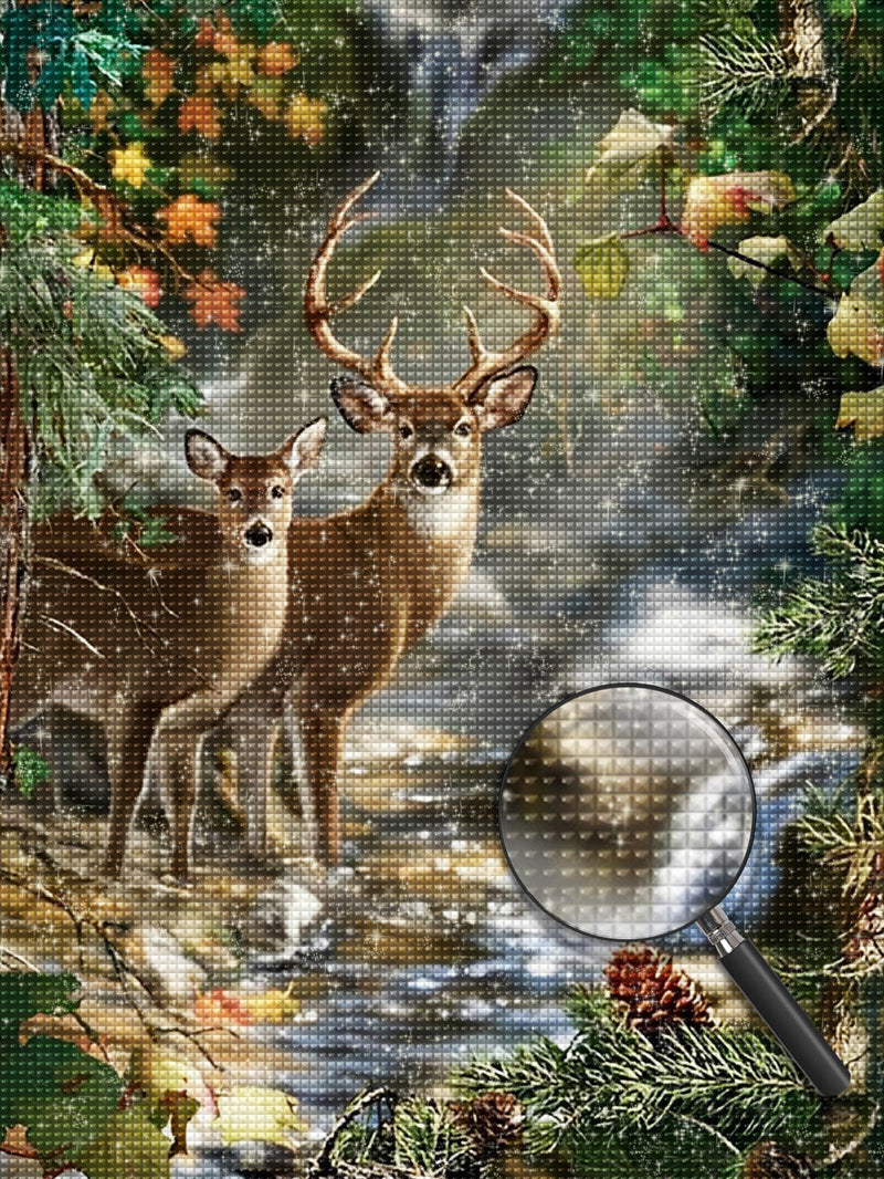 Cerf et Biche avec un Petit Ruisseau Clair Broderie Diamant