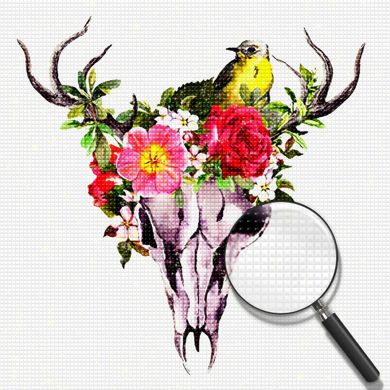 Cerf Squelette et Fleurs Rouges Broderie Diamant