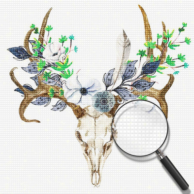 Cerf Squelette et Fleurs Blanches Broderie Diamant