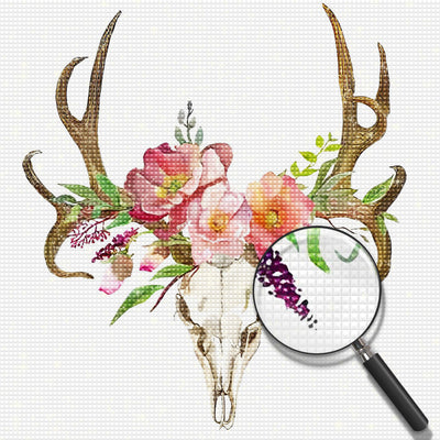 Cerf Squelette et Couronne des Fleurs Roses Broderie Diamant