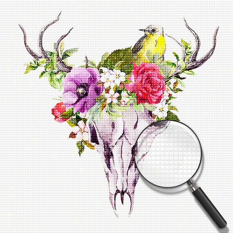 Squelette de Cerf et Couronne des Fleurs Broderie Diamant