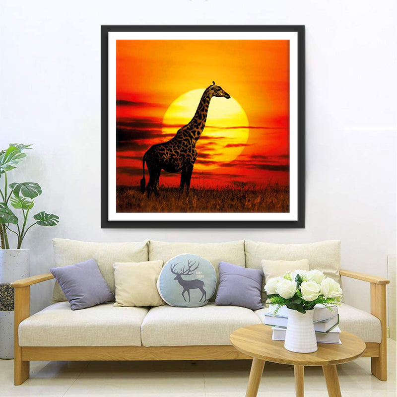 Girafe sous le Soleil Couchant Broderie Diamant