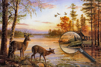 Couple de Cerf et Rivière Broderie Diamant