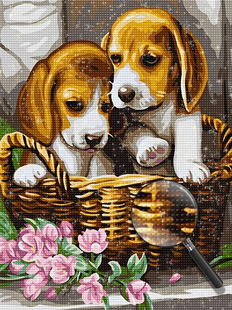 Deux Chiens Beagle au Panier Broderie Diamant