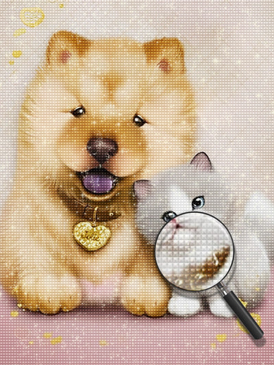 Chiot Chow-Chow et Chaton Broderie Diamant