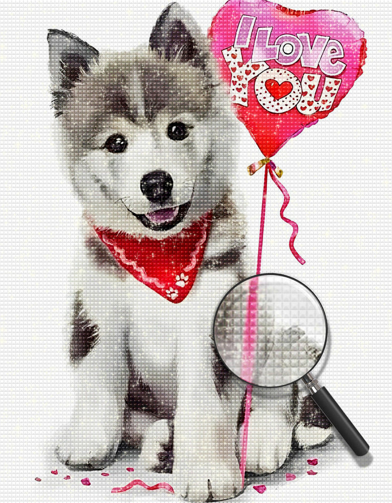 Chiot Husky et Ballonnet en Forme de Coeur Broderie Diamant