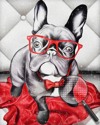 Chien Bouledogue avec des Lunettes Rouges Broderie Diamant