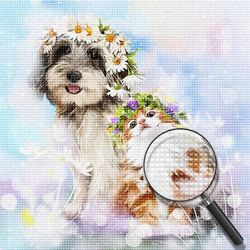 Chien Gris-Blanc avec Couronne de Fleurs Broderie Diamant