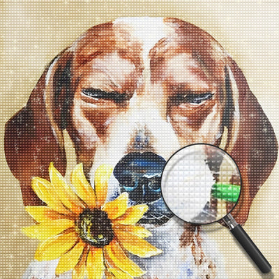 Chien Beagle Tenant un Tournesol dans Sa Gueule Broderie Diamant