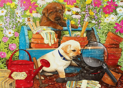 Chiots Jouant dans le Jardin Broderie Diamant