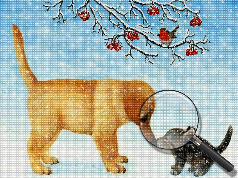 Chiot Golden Retriever et Chaton sur la Neige Broderie Diamant