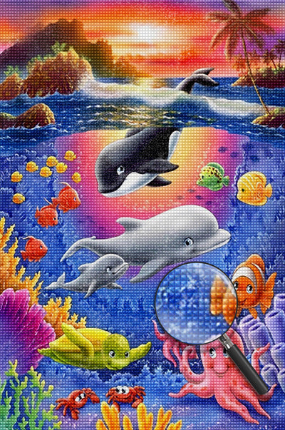 Dauphins et Baleine Cartoon Broderie Diamant