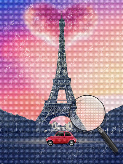 Voiture Rouge devant Tour Eiffel avec de Nuage de Coeur Broderie Diamant