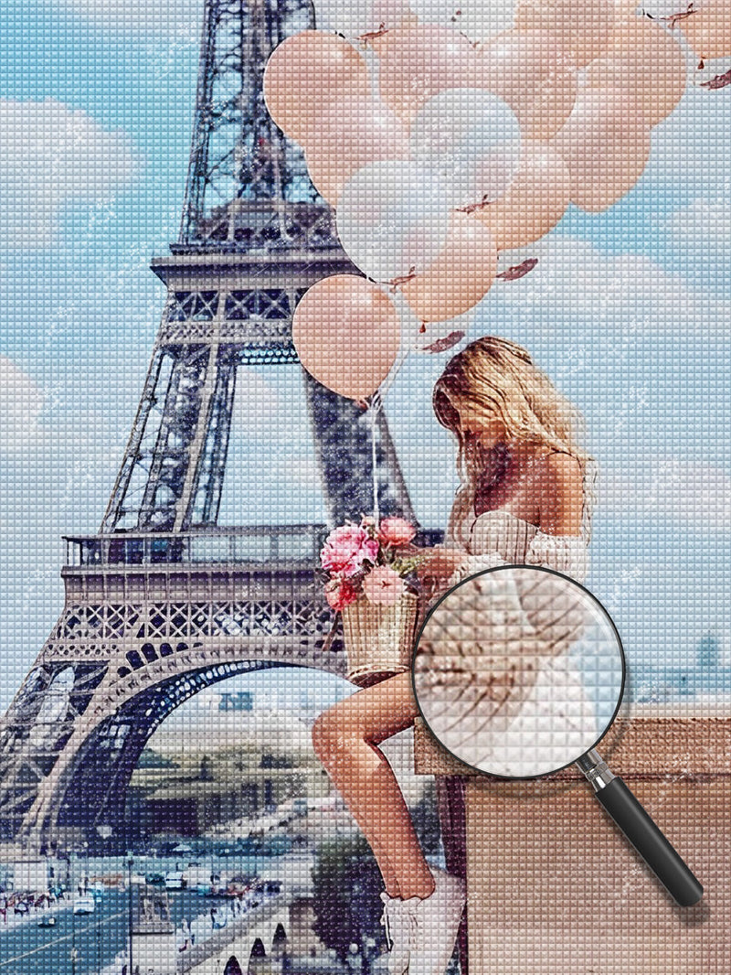 Femme avec des Ballons devant Eiffel Broderie Diamant