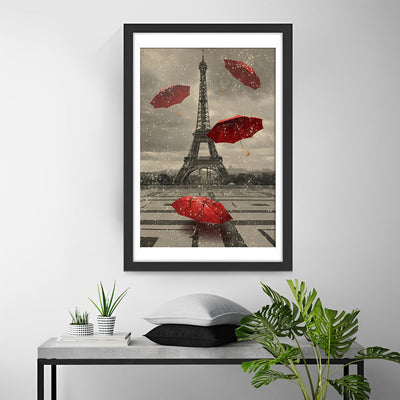 Eiffel sous la Pluie avec un Parapluie Rouge Broderie Diamant