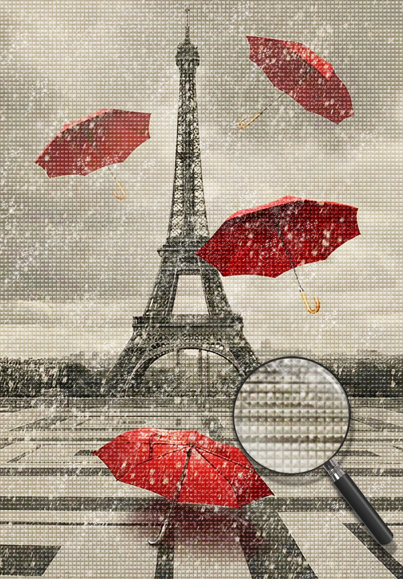 Eiffel sous la Pluie avec un Parapluie Rouge Broderie Diamant