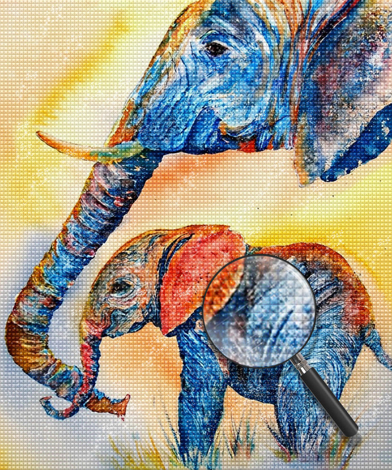 Éléphant et Bébés Éléphant Colorés Broderie Diamant