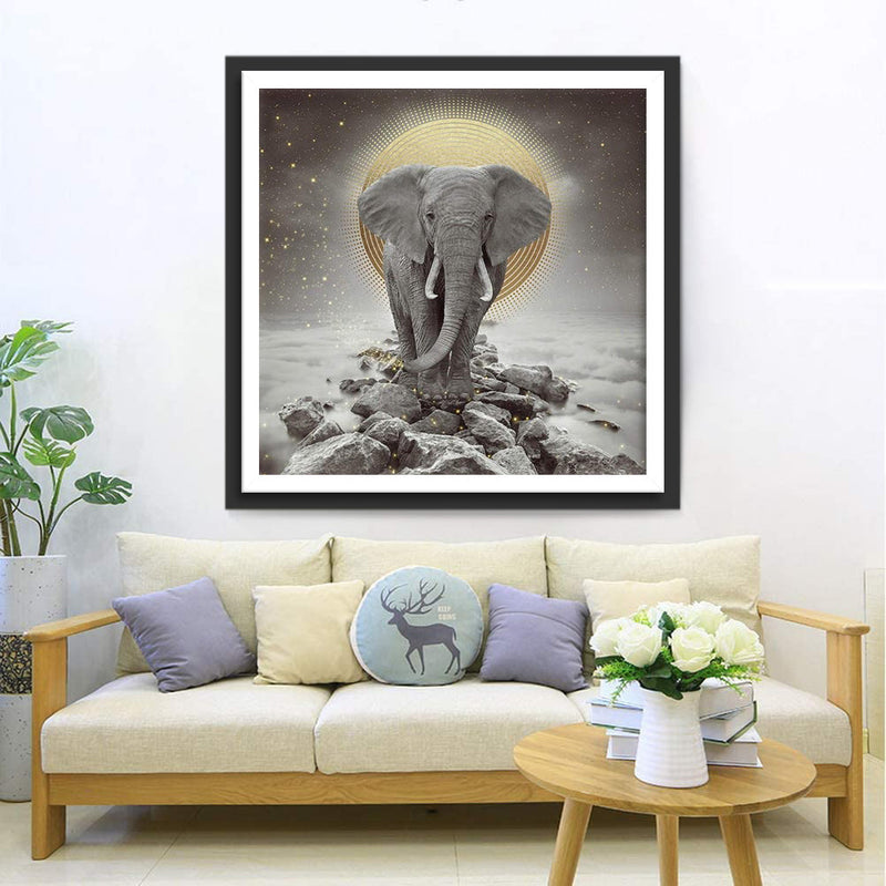 Éléphant Sur Nuages avec la Lune Dorée Broderie Diamant