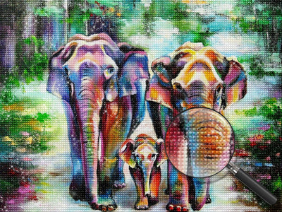 Famille de Trois Éléphants Multicolore Broderie Diamant