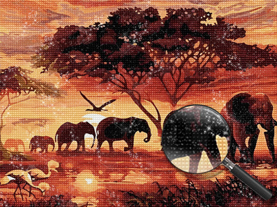 Troupeaux d’Éléphants avec le Soleil Couchant Broderie Diamant