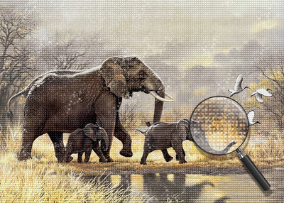Éléphant et Ses Deux Bébés Broderie Diamant