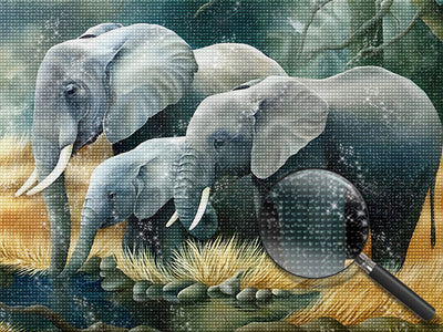 Famille d'Éléphants Buvant de l'Eau Broderie Diamant
