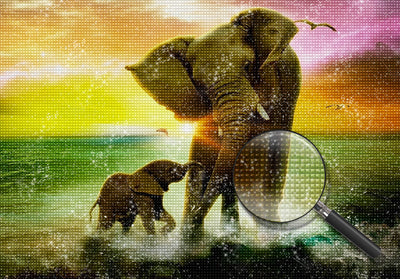 Mère Éléphant et Son Bébé Jouant avec l'Eau Broderie Diamant