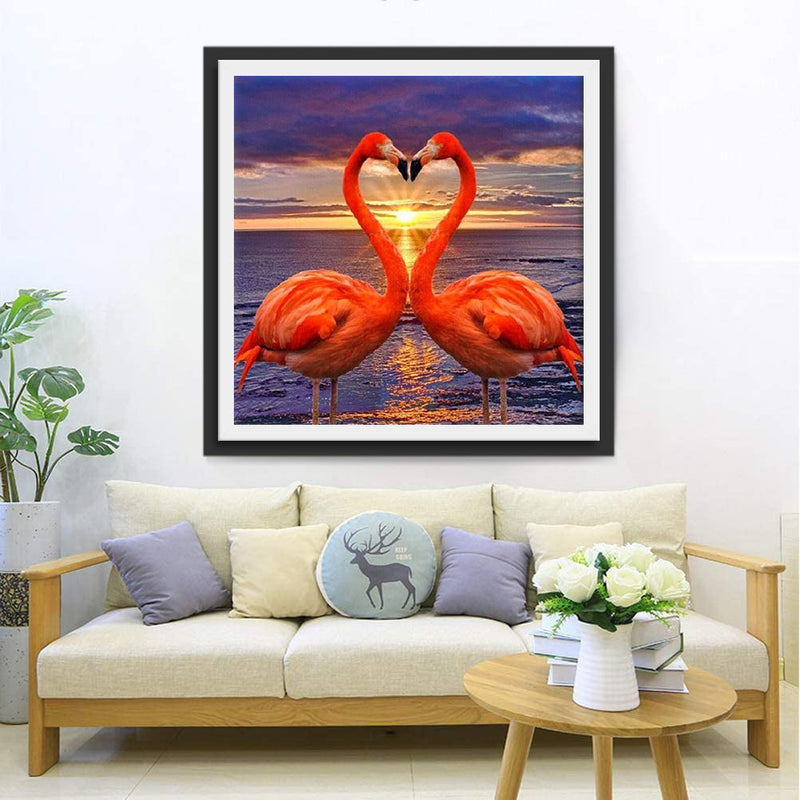 Couple de Flamants et le Soleil Couchant Broderie Diamant