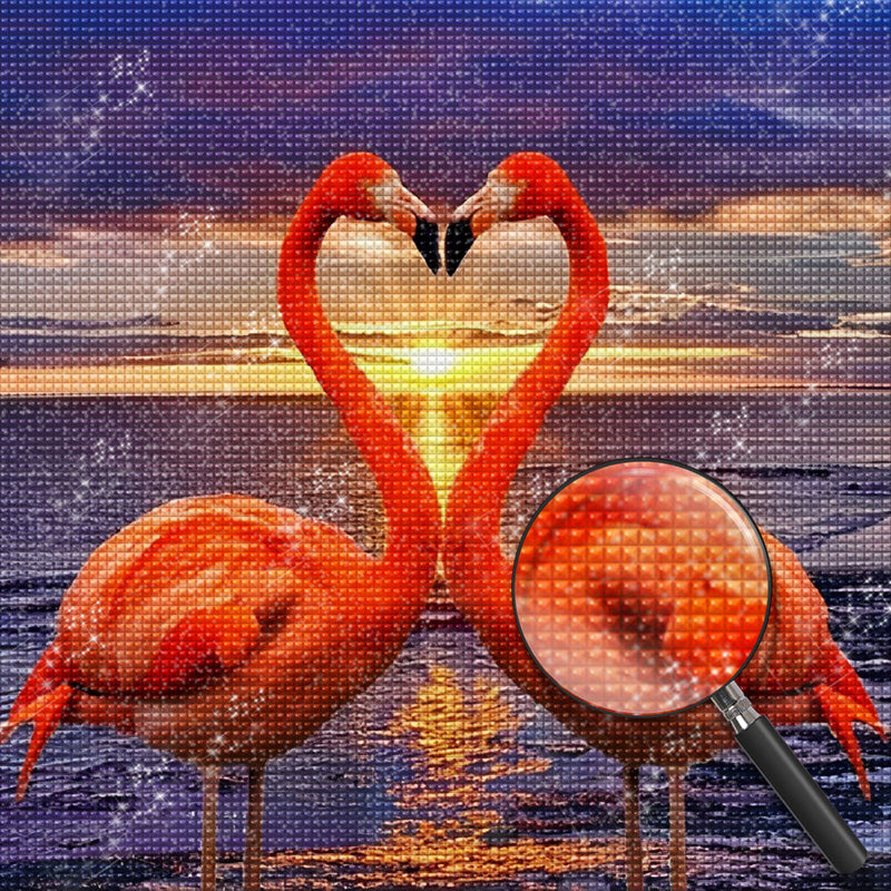 Couple de Flamants et le Soleil Couchant Broderie Diamant