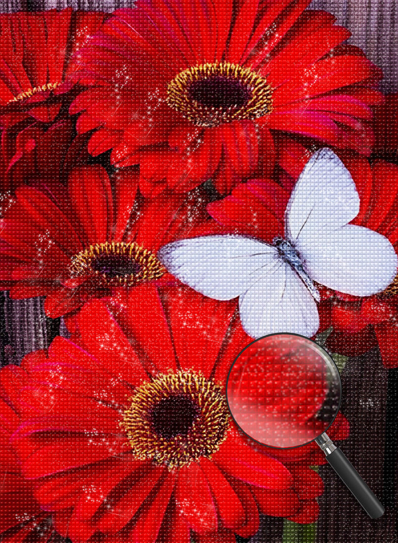 Chrysanthèmes Rouges et Papillon Blanc Broderie Diamant