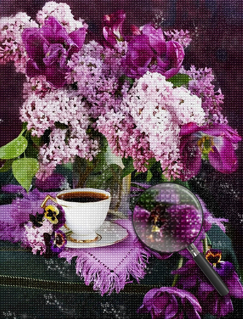 Lilas et Orchidée avec une Tasse de Thé Broderie Diamant