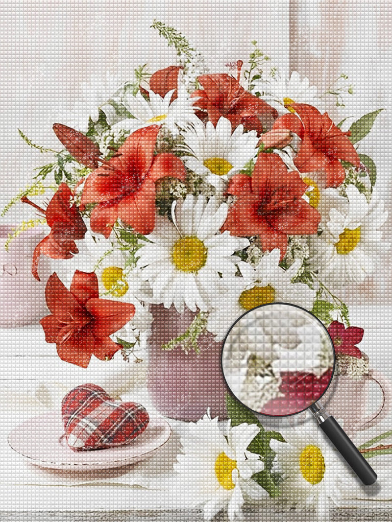 Chrysanthèmes Blancs et Lis Rouges Broderie Diamant