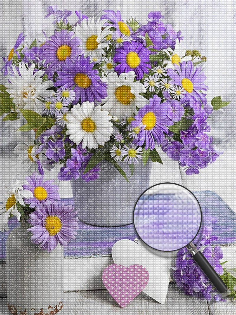 Chrysanthèmes Violets et Blancs Broderie Diamant