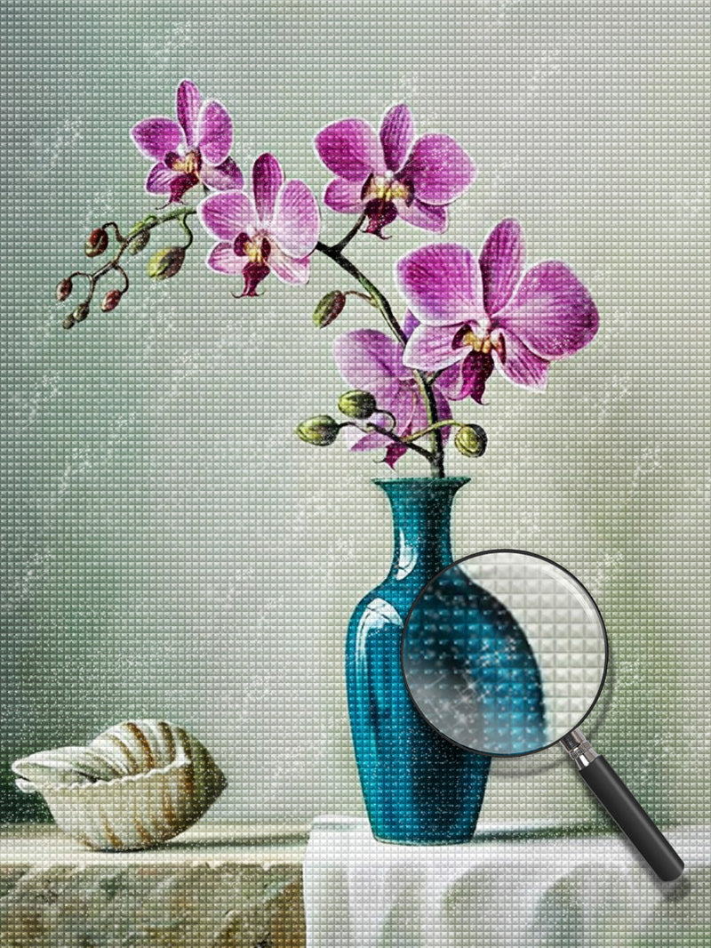 Une Branche de Orchidées Violettes dans le Vase Bleu Broderie Diamant