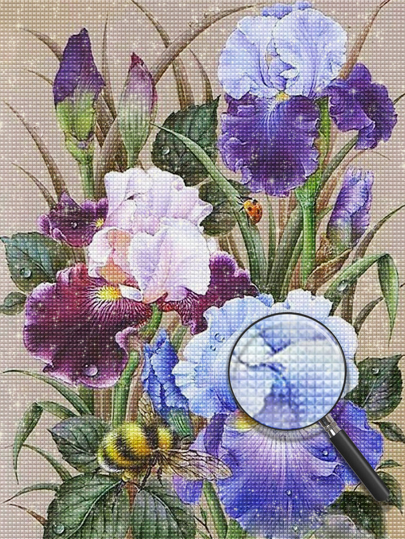 Iris Bleus et Roses Broderie Diamant