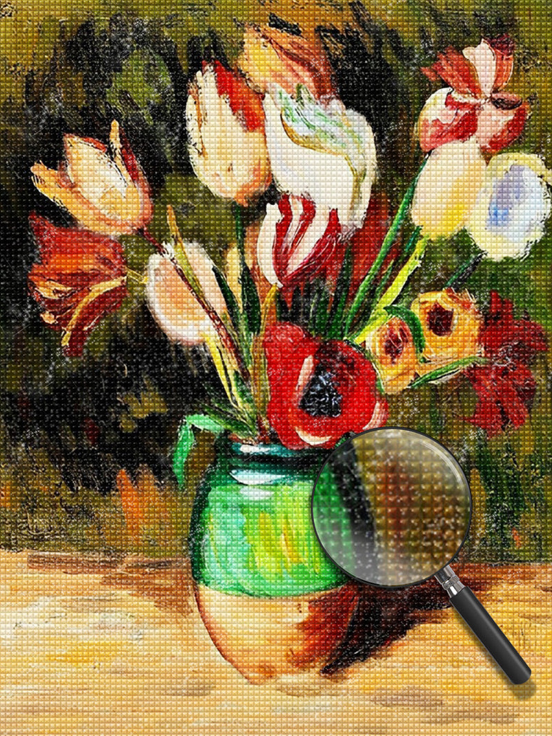 Tulipes et Coquelicots dans un Vase Broderie Diamant