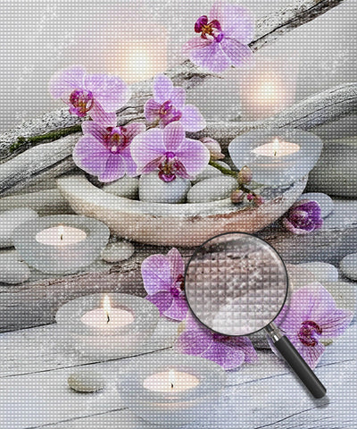 Orchidée Violettes et Bougies Parfumées Broderie Diamant