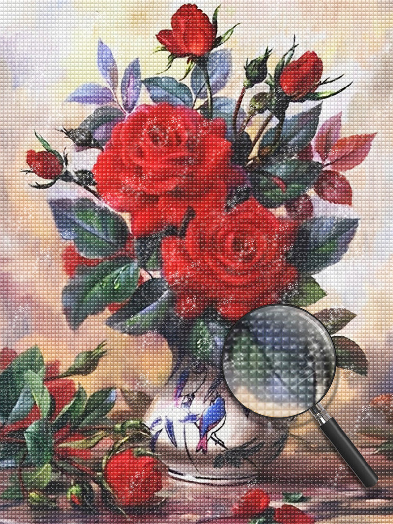 Belles Roses Rouges dans un Vase Broderie Diamant