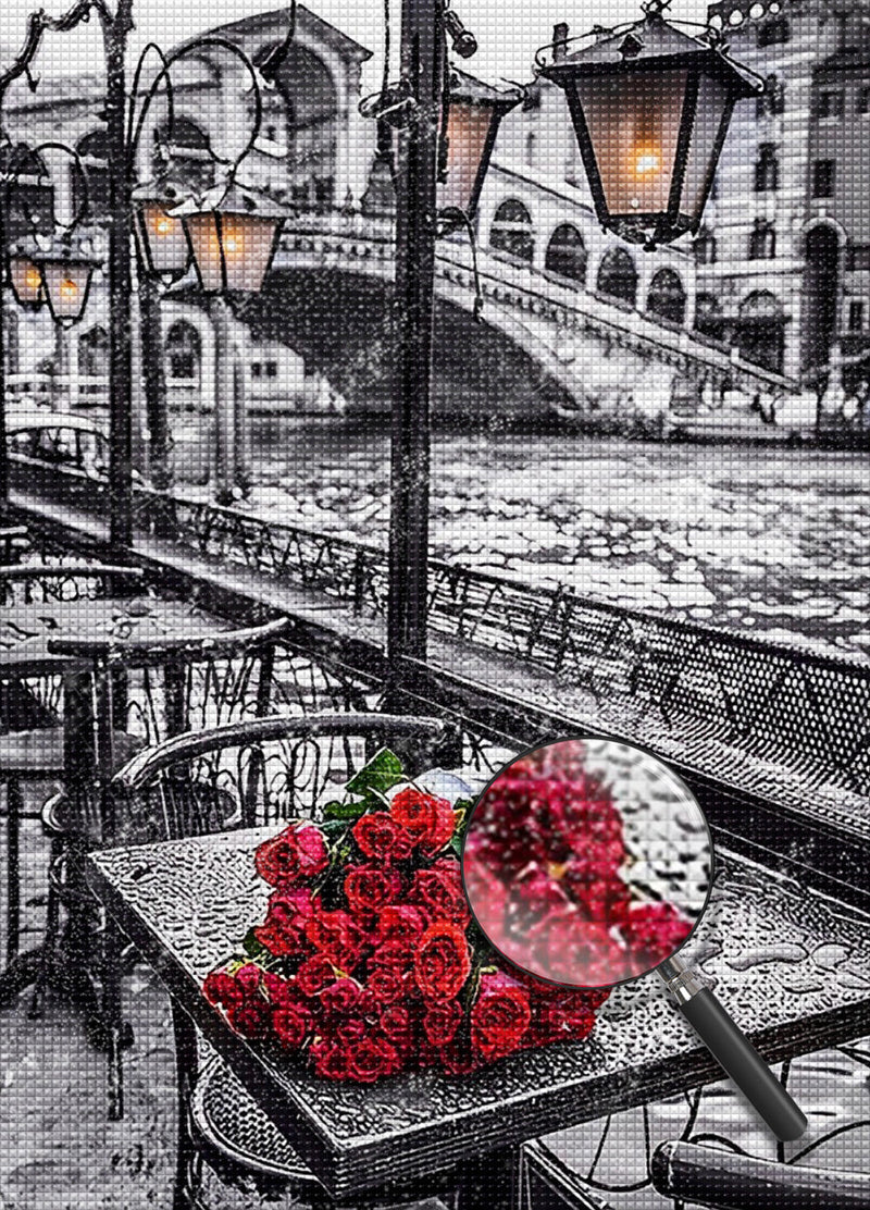 Un Bouquet de Roses Rouges et le Pont Broderie Diamant