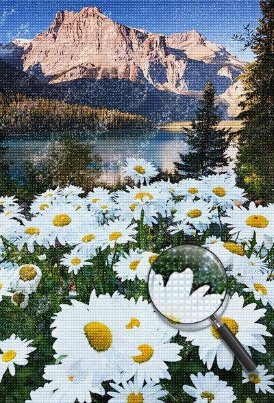 Chrysanthèmes Blancs et les Montagnes Broderie Diamant