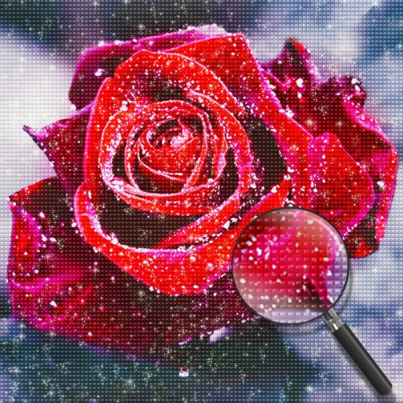 Rose Rouge avec des Rosées Broderie Diamant