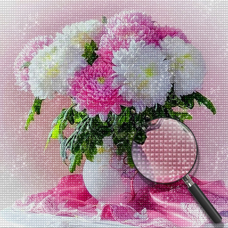 Chrysanthèmes Roses et Blanches Broderie Diamant