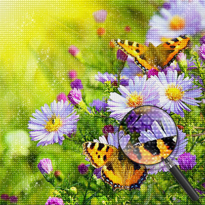 Marguerites Violettes et Papillons Broderie Diamant