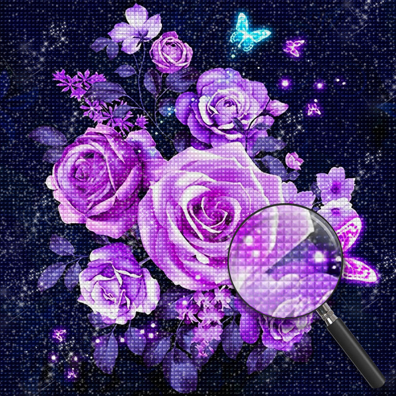 Roses Violettes et Pappillons Broderie Diamant
