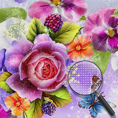 Rose et Iris avec Papillon Bleu Broderie Diamant
