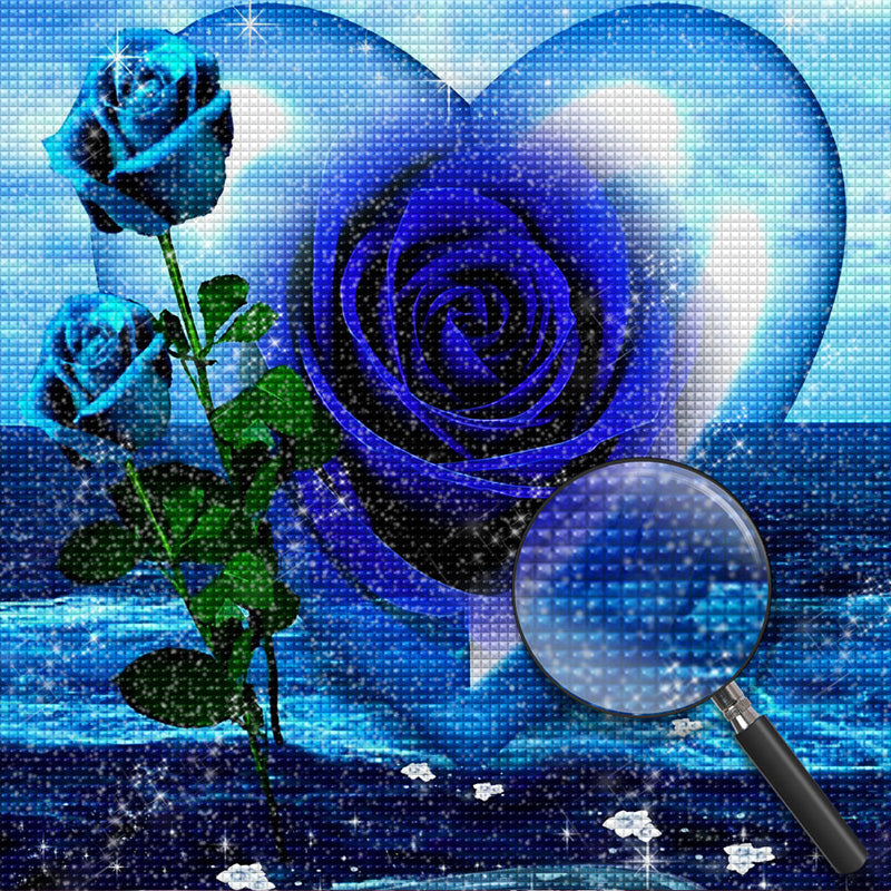 Roses Bleues et Coeur Broderie Diamant