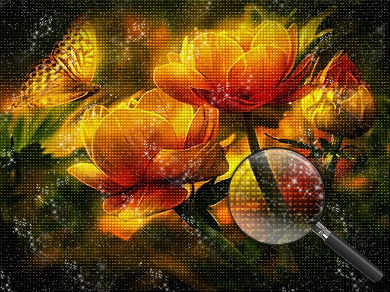 Lotus Oranges et Papillon Lumineux Broderie Diamant